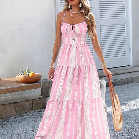 Pink Boho Women's Woven Print Spaghetti Strap Long Dress - Picture 4 of 6